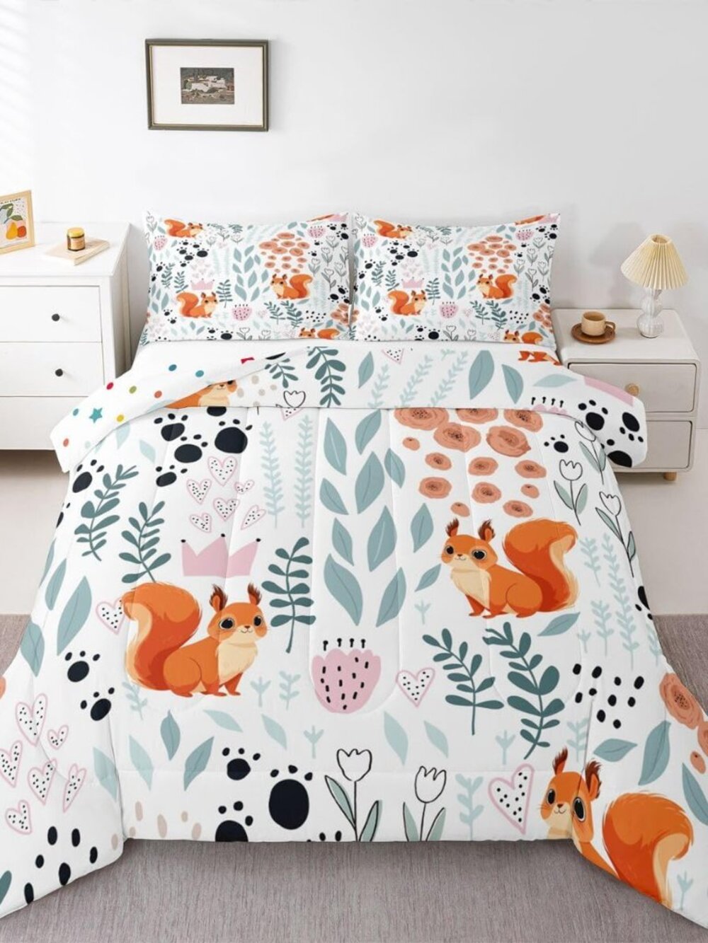 Kawaii Squirrel Bedding Set Twin,Cartoon Squirrel Comforter Set for Kids Girls B